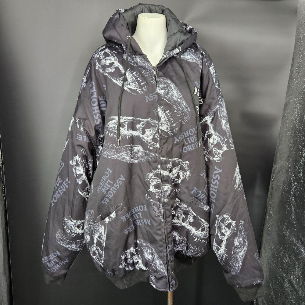 A$$holes Live Forever Jacket Coat Mens 3XL Dino Skull Graphic Hooded Puffer Zip